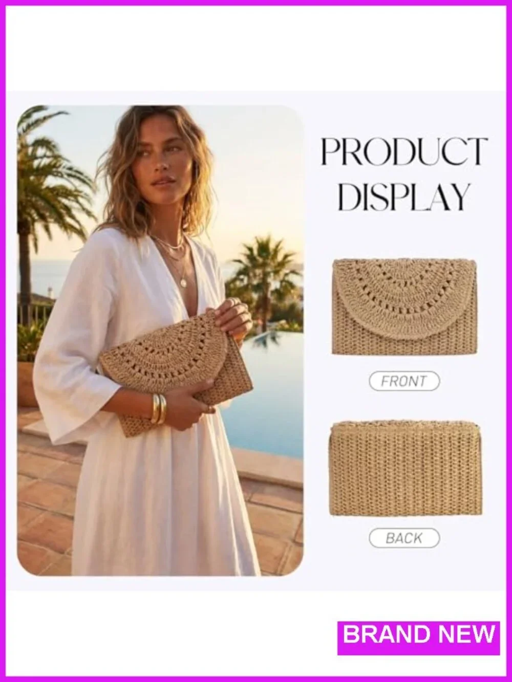 Straw Clutch Purse Envelope Woven Shoulder Handbag Summer Beach Crossbody